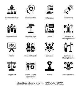 Jerarquía De Negocios, Mente Gráfica, Préstamo De Oficina, Publicidad, Tácticas, Crecimiento Financiero, Confusión, Confusión En La Toma De Decisiones, Ganador, Elección De Negocios, Equipo De Negocios, Iconos De Glifos - Sólido, Vectores
