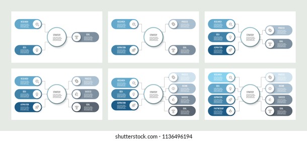 Business hierarchy infographic. Organization chart with 3, 4, 5, 6, 7, 8 options. Vector presentation template.