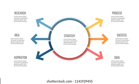 Business hierarchy infographic. Organization chart with 6 options, arrows. Vector presentation template. Editable line.