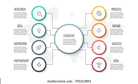 Business hierarchy infographic. Organization chart with 8 options. Vector template.