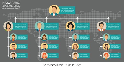 Infografik-Design der Unternehmenshierarchie.Organogram Graphic Elements Corporate Organisational Structure Company Branch Template.Moderne Vektorgrafik-Struktur. 