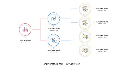 Business hierarchy organogram chart infographics. Corporate organizational structure graphic elements. Company organization branches template. Modern vector info graphic tree layout design.