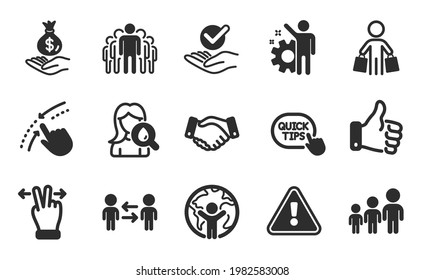 Jerarquía de negocio, gesto de pantalla táctil e iconos de consejos rápidos conjunto simple. Como en la mano, desliza y marca comercial global. Dinero de ingresos, símbolos de empleados y grupos. Juego de iconos planos. Vector