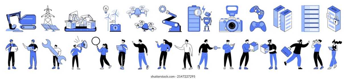 Business and high-tech linear vector isolated illustration bundle. Industrial robotic technologies, renewable energy, server security. Construction heavy machinery. Business people communication.