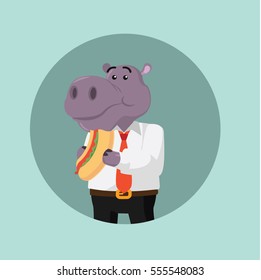 business hippo eating hotdog