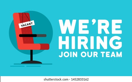 Business hiring and recruiting concept. We are hiring, banner concept, vacant position. Empty office chair with vacant sign. Vector