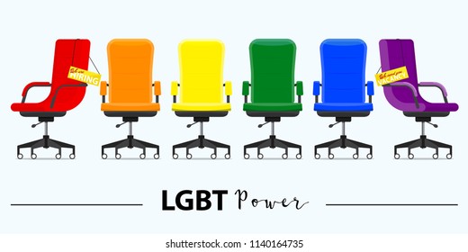 Business hiring and recruiting in LGBT power concept. Office chair or desk chair in various points of view. Office chair and a sign vacancy. Furniture for Interior in flat icon design. Vector.