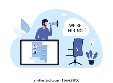 Business hiring recruitment concept, human resources work. Office chair, resume on screen, man with a megaphone in his hands, we're hiring. Vector flat illustration on a white background.