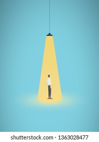 Business hiring and recruitment vector concept with businessman standing in bright yellow spotlight. Symbol of new career, headhunting, employment, new opportunity. Eps10 vector illustration.