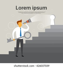 Business Hold Key Look At Keyhole Flashlight Flat Vector Illustration