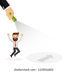 Business holding a flashlight uncovering hidden arrow sign