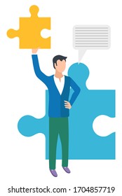 Business, die Rätsel halten und reden Vektorillustration, Redner mit Puzzleteil. Männliche Gebäude mithilfe eines Teils, Dialogbox Mann Gespräch Business-Mitarbeiter am Arbeitsplatz