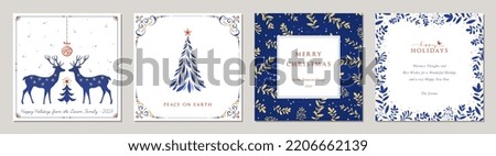 Business Holiday cards. Universal Christmas templates with decorative Christmas Tree, reindeers, Christmas ornament, floral background and frame with copy space, birds and greetings. 
