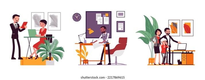 Business, home, office and happy lifestyle scene cartoon set. Businesswoman, businessman at work, interior, parents presenting happy child new laptop. Vector creative vibrant botanical illustration