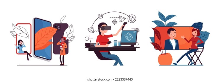 Business, home, office, lifestyle scene cartoon set. Smartphone screens, young man, woman talking, female designer using VR technology, giant phone. Vector creative vibrant botanical illustration