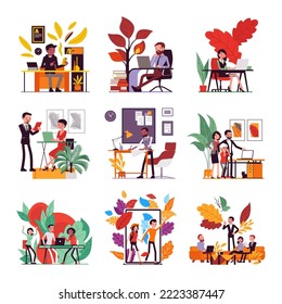 Business, home, office, lifestyle scene big cartoon set. People busy with computer, smartphone, businessman, businesswoman, meeting in co working center. Vector creative vibrant botanical illustration