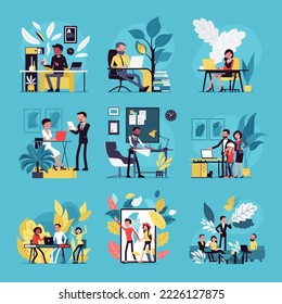 Business, home, office, lifestyle scene big cartoon set. People busy with computer, smartphone, businessman, businesswoman, meeting in co working center. Vector creative vibrant botanical illustration