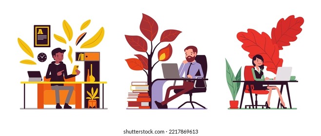 Business, home, office, modern lifestyle scene cartoon set. Black man at desk with phone laptop, businessman working, businesswoman in comfortable space. Vector creative vibrant botanical illustration