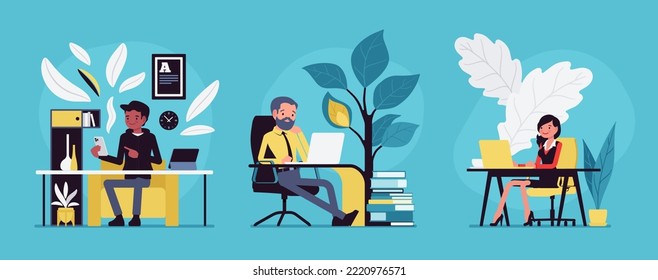 Business, home, office, modern lifestyle scene cartoon set. Black man at desk with phone laptop, businessman working, businesswoman in comfortable space. Vector creative vibrant botanical illustration