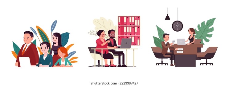 Juego de caricaturas de negocios, casa, oficina. Feliz equipo diverso en interiores florales, hombre, mujer en el trabajo de negocios, mujer de negocios, trato de hombre de negocios. Ilustración botánica vibratoria creativa vectorial