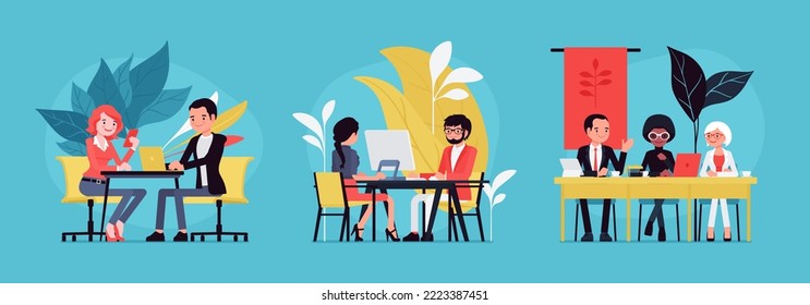 Business, home, office scenes cartoon set. Watching smartphones on business lunch, businesswoman, businessman running positive, productive meeting. Vector creative vibrant botanical illustration