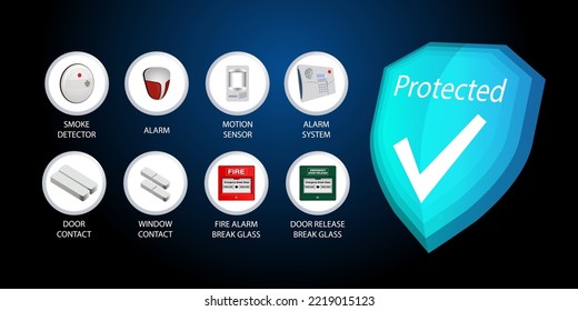 Business and home security system. Smoke detector, alarm, motion sensor, alarm controller and system, door contact, window contact, fire alarm and door release break glass. Vector.