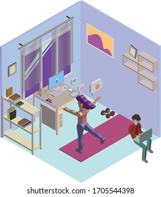 business from home work at home freelancer vector isometric 3d illustration freelancer with laptop work girl doing sports fitness at home