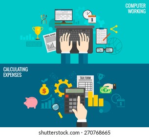 Business Horizontal Banners Set With Hands Working On Computer And Calculating Expenses Isolated Vector Illustration