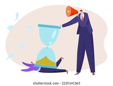 Business hourglass with deadline, vector illustration, flat boss character hitting tiny worker, time management with loudspeaker.