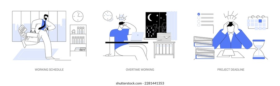 Juego de ilustraciones vectoriales de concepto abstracto de horas de trabajo. Calendario de trabajo, horas extraordinarias por la noche, plazo del proyecto, empleado estresado, temporizador de cuenta regresiva, metáfora abstracta de la cultura corporativa.