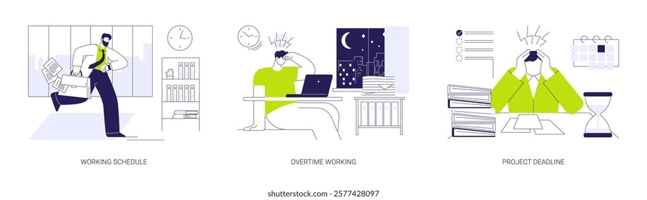 Business hours abstract concept vector illustration set. Working schedule, overtime work at night, project deadline, stressed employee, countdown timer, corporate culture abstract metaphor.