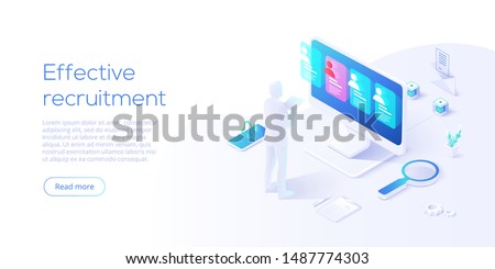 Business HR concept in isometric vector illustration. Human resources manager hiring employee or workers for job. Recruiting staff in company. Organizational socialization. Acquisition or onboarding.