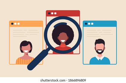 Business HR concept vector illustration. Magnifying glass chooses or Search Candidate to hire employee or workers for job. Mobile App Page Onboard Screen Set Concept Cartoon Flat Vector Illustration