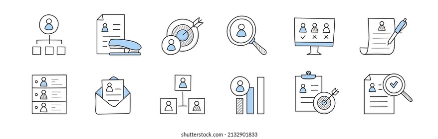 Business HR doodle icons. Concept of company human resources, recruitment employees and team members, search staff. Vector hand drawn signs with people, candidate cv, target and magnifier