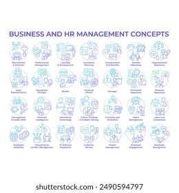 Business and HR management blue gradient concept icons. Professional development. Critical thinking. Talent hiring. Icon pack. Vector images. Round shape illustrations. Abstract idea