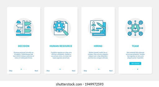 Business hr management of human resources, opportunity and recruitment vector illustration. UX, UI onboarding mobile app page screen set with line work of hiring agency to hire recruit manager team