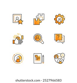 Negócios, RH e gerenciamento - conjunto de ícones de estilo de design de linha. Imagens de peças de quebra-cabeça, engrenagem, aperto de mão, lupa, ponto de interrogação, símbolo de atualização, papel e caneta, equipe. Conceito de recursos humanos