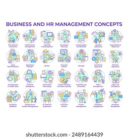 Business and HR management multi color concept icons. Professional development. Critical thinking. Talent hiring. Icon pack. Vector images. Round shape illustrations. Abstract idea