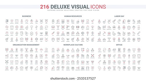 Business and HR, office culture, communication algorithms and conflict line icon set. Labor day, safety industry tools, toolbox, equipment thin black and red outline symbols vector illustration