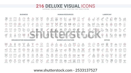 Business and HR, office culture, communication algorithms and conflict line icon set. Labor day, safety industry tools, toolbox, equipment thin black and red outline symbols vector illustration