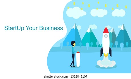 Business human carried out a successful launch of rocket. businessman launched a spaceship vector flat illustration.