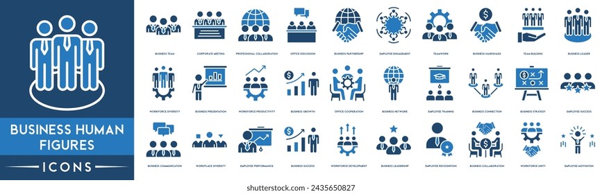 Colección de iconos de esquema de figuras humanas de negocios. Equipo de negocios, Reunión, Colaboración, Discusión, Asociación, Compromiso, Trabajo en equipo, Desarrollo de equipo y Crecimiento empresarial