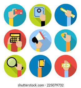 Business human hands with money coin and paper cash safe credit card icons set isolated vector illustration