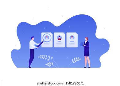 Business human resources concept. Vector flat teamwork person illustration. Businesswoman and man audit employee resume isolated on white. Design element for banner, poster, background, web.