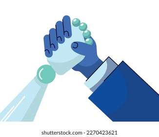 Los humanos de negocios y los robots IA dan la mano. Concepto de la futura ilustración plana de negocios aislada en segundo plano. Tecnología vectorial.