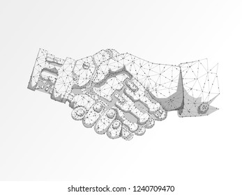 Business Human And Robot Hands Shake. Polygonal Space Low Poly With Connecting Dots And Lines. Future Wireframe Concept. Connection Structure. Vector Science Illustration On White Background