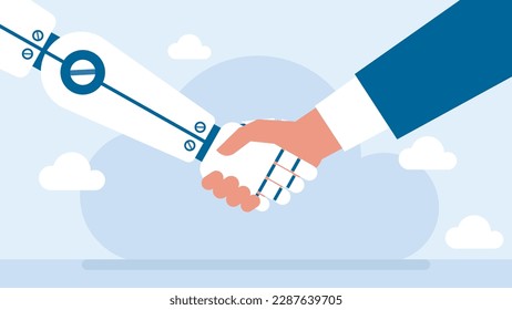 Business human and robot hands shake. Concept future business. Modern technology. Businessman and robot handshake. Artificial intelligence handshake concept. Flat design. Vector illustration