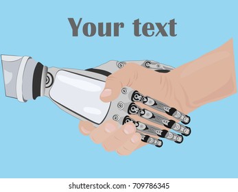 Business human and robot hands shake. Concept future business technology illustration. Vector background.