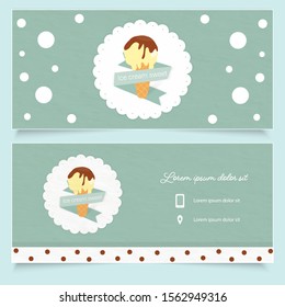 the business ice cream card present on green pastel paper.sweet name tag decorate with bubble and lace.the design for cute dessert cafe background.they are very cute for customer collection. 