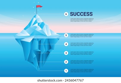 Business iceberg infographic model - Corporate strategy illustration of ice mountain with steps to the top to reach flag goal and success on top. Flat design in blue colours